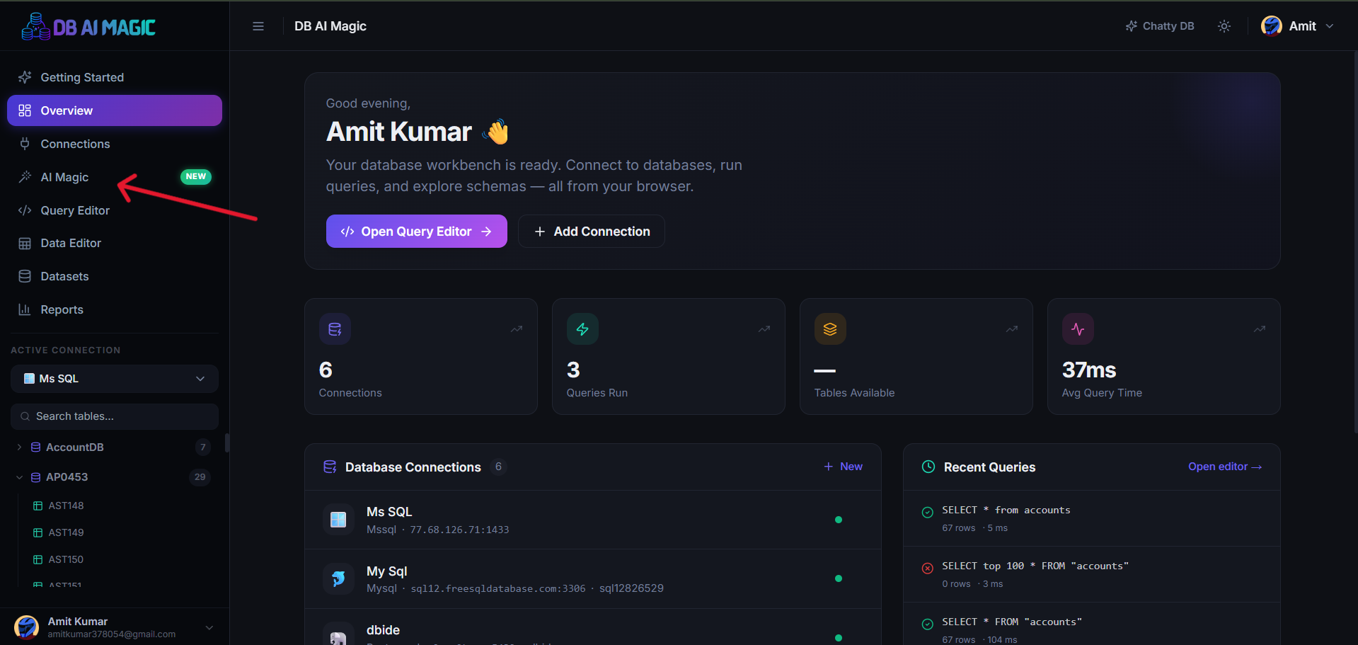 Create AI Magic modal — connection, database, optional description.